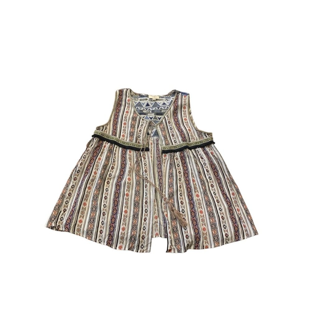 Umgee Boho Tassel Vest Top Womens Medium Taupe Mix Tribal Festival Core